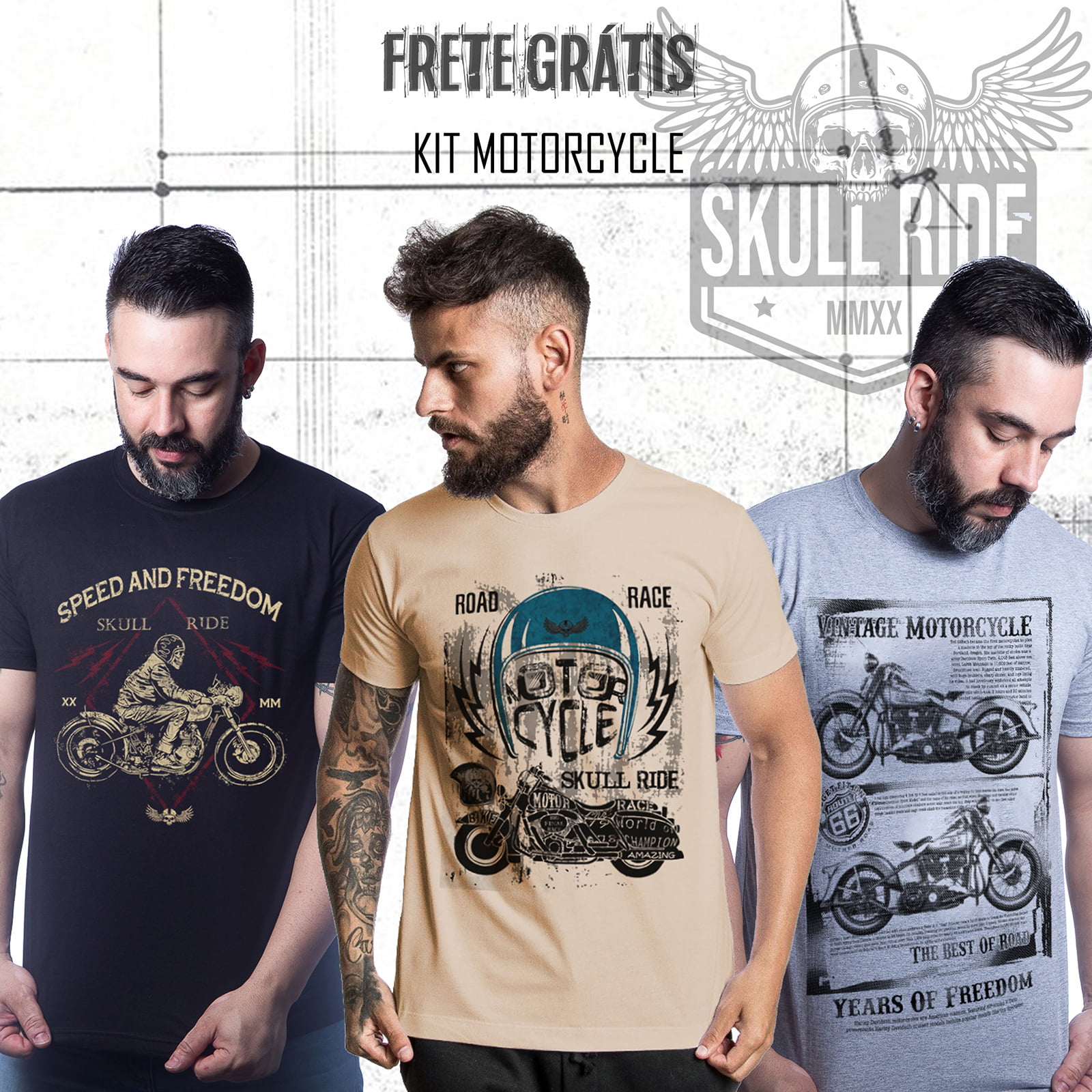 KIT 3 CAMISETAS - SPEED AND FREEDOM, ROAD RACE, VINTAGE M-1