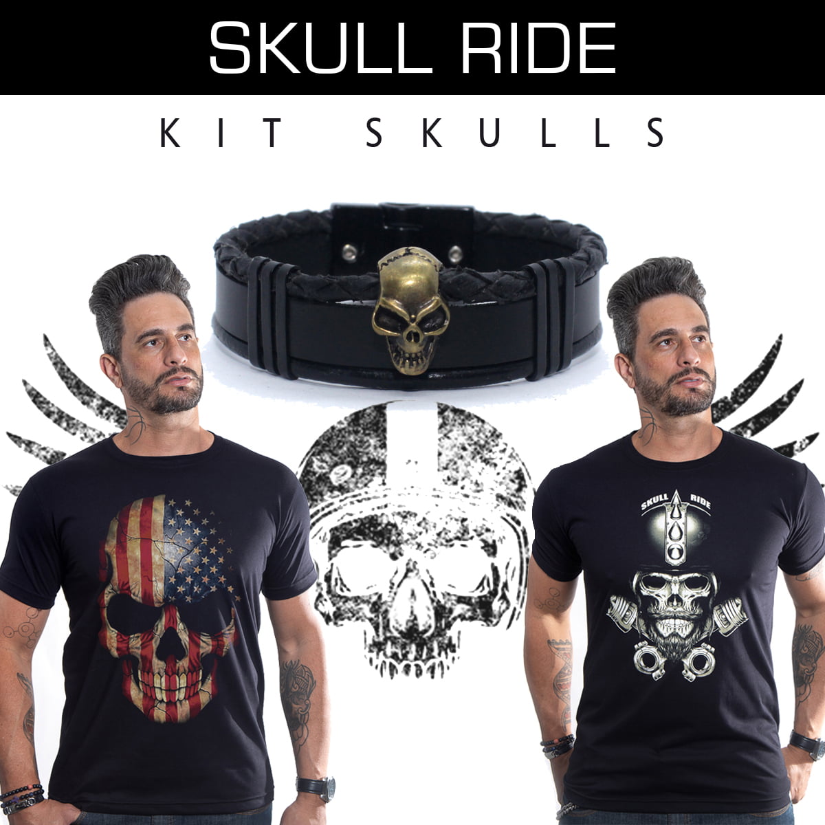 Kit 2 camisetas Skull + Bracelete Skull